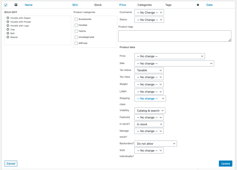 WooCommerce Toplu Düzenleme Alanları: resmî yardım belgesinde görünen ilgili alan ve seçimler.