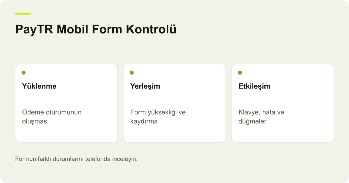 PayTR Mobil Form Kontrolü: Yüklenme: Ödeme oturumunun oluşması, Yerleşim: Form yüksekliği ve kaydırma, Etkileşim: Klavye, hata ve düğmeler