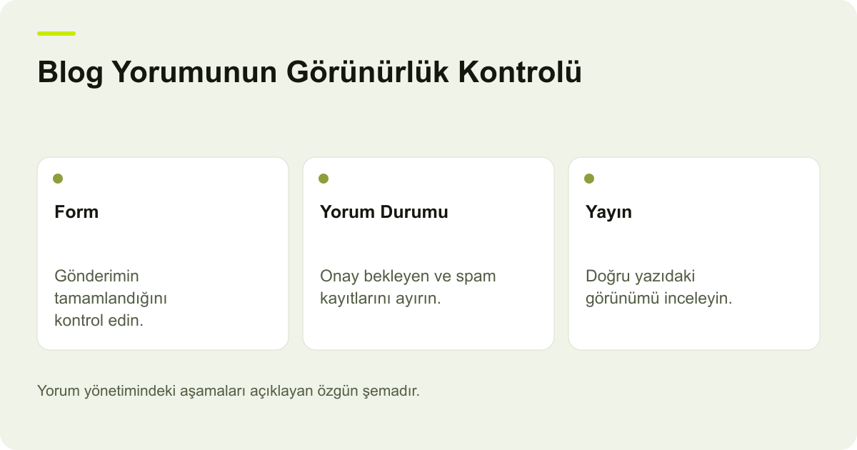 Blog Yorumunun Görünürlük Kontrolü: Form — Gönderimin tamamlandığını kontrol edin.; Yorum Durumu — Onay bekleyen ve spam kayıtlarını ayırın.; Yayın — Doğru yazıdaki görünümü inceleyin.