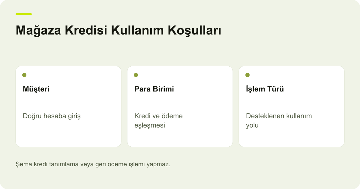 Mağaza Kredisi Kullanım Koşulları: Müşteri: Doğru hesaba giriş, Para Birimi: Kredi ve ödeme eşleşmesi, İşlem Türü: Desteklenen kullanım yolu