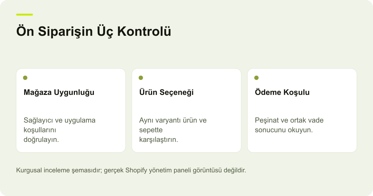 Ön Siparişin Üç Kontrolü: Mağaza Uygunluğu — Sağlayıcı ve uygulama koşullarını doğrulayın.; Ürün Seçeneği — Aynı varyantı ürün ve sepette karşılaştırın.; Ödeme Koşulu — Peşinat ve ortak vade sonucunu okuyun.