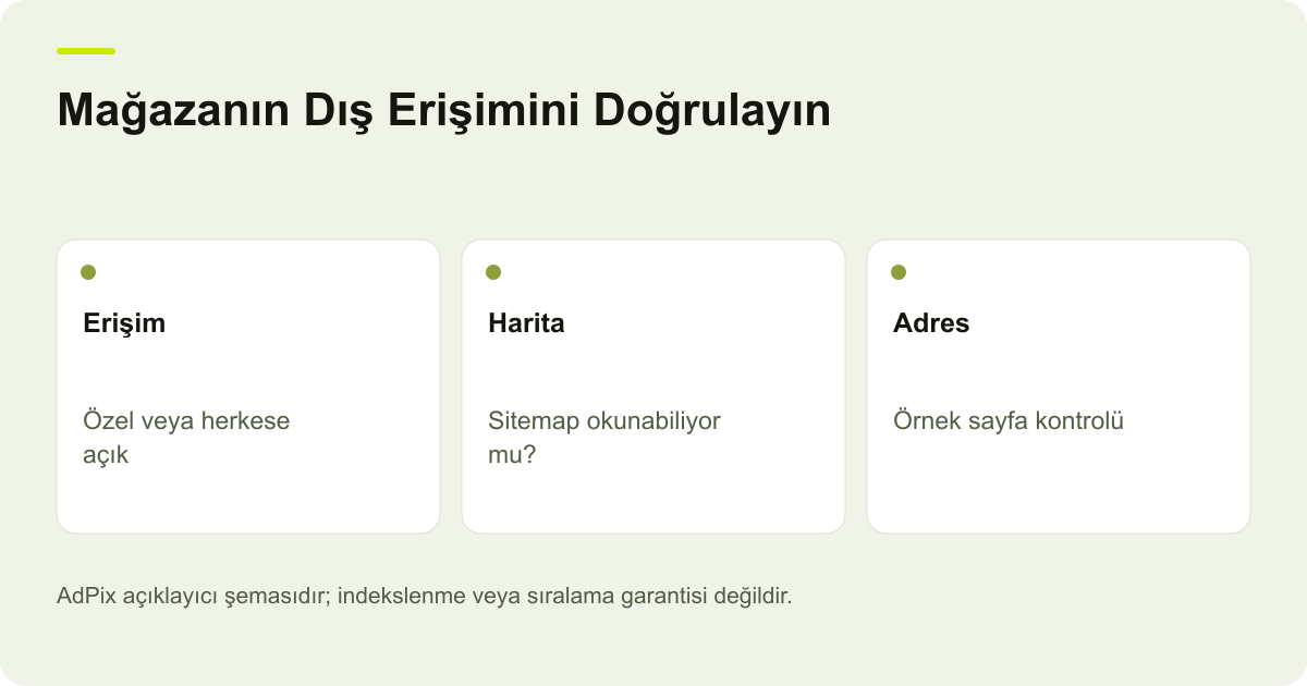 Mağazanın Dış Erişimini Doğrulayın: Erişim — Özel veya herkese açık; Harita — Sitemap okunabiliyor mu?; Adres — Örnek sayfa kontrolü