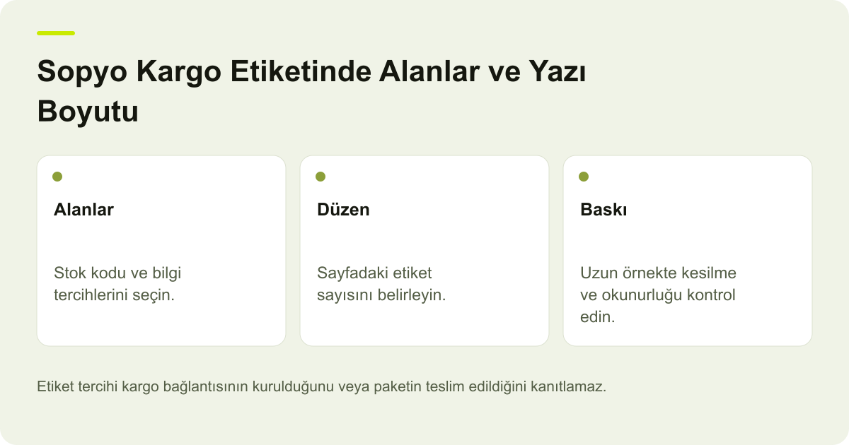 Sopyo Kargo Etiketinde Alanlar ve Yazı Boyutu için işlem kapsamını ve doğrulanacak alanları gösteren açıklayıcı şema.