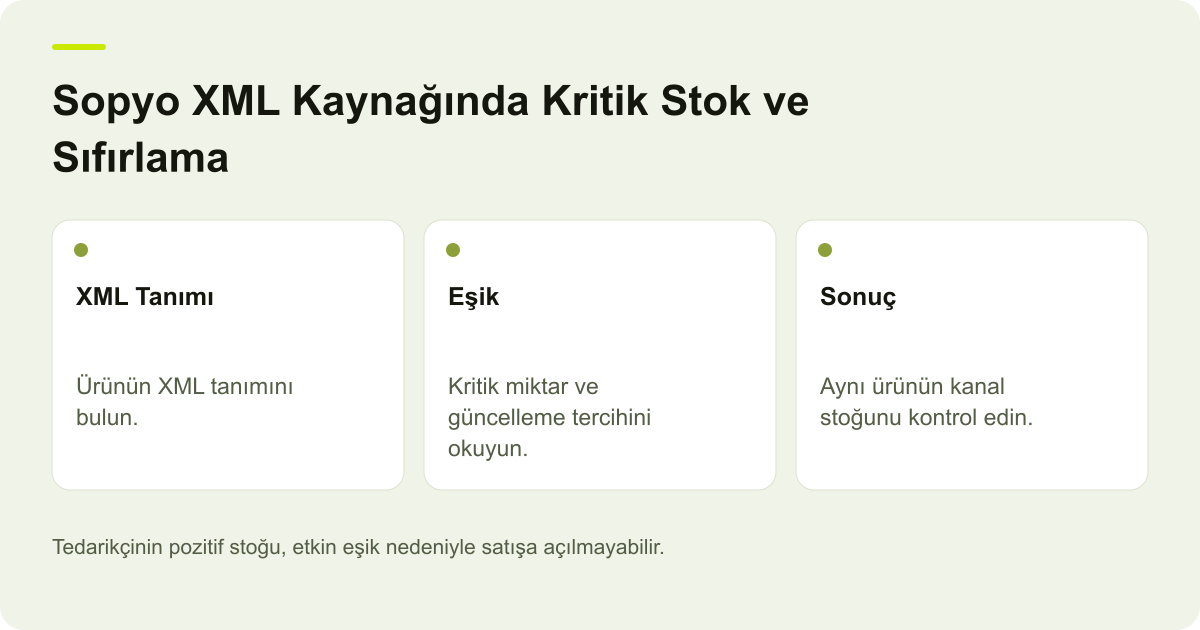 Sopyo XML Kaynağında Kritik Stok ve Sıfırlama için işlem kapsamını ve doğrulanacak alanları gösteren açıklayıcı şema.
