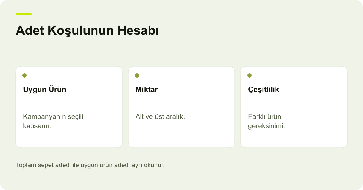 Ticimax Adet Kampanyasında Sınır ve Farklı Ürün Koşulu konusunda kayıt, kapsam ve sonuç ilişkisini açıklayan AdPix şeması.