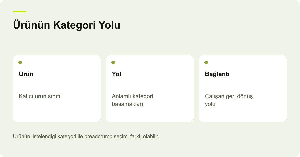 Ürünün Kategori Yolu: Ürün: Kalıcı ürün sınıfı, Yol: Anlamlı kategori basamakları, Bağlantı: Çalışan geri dönüş yolu