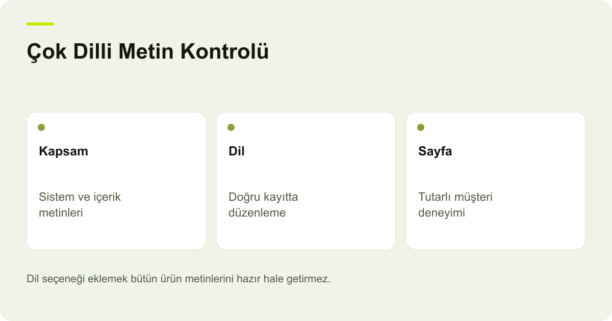 Çok Dilli Metin Kontrolü: Kapsam: Sistem ve içerik metinleri, Dil: Doğru kayıtta düzenleme, Sayfa: Tutarlı müşteri deneyimi