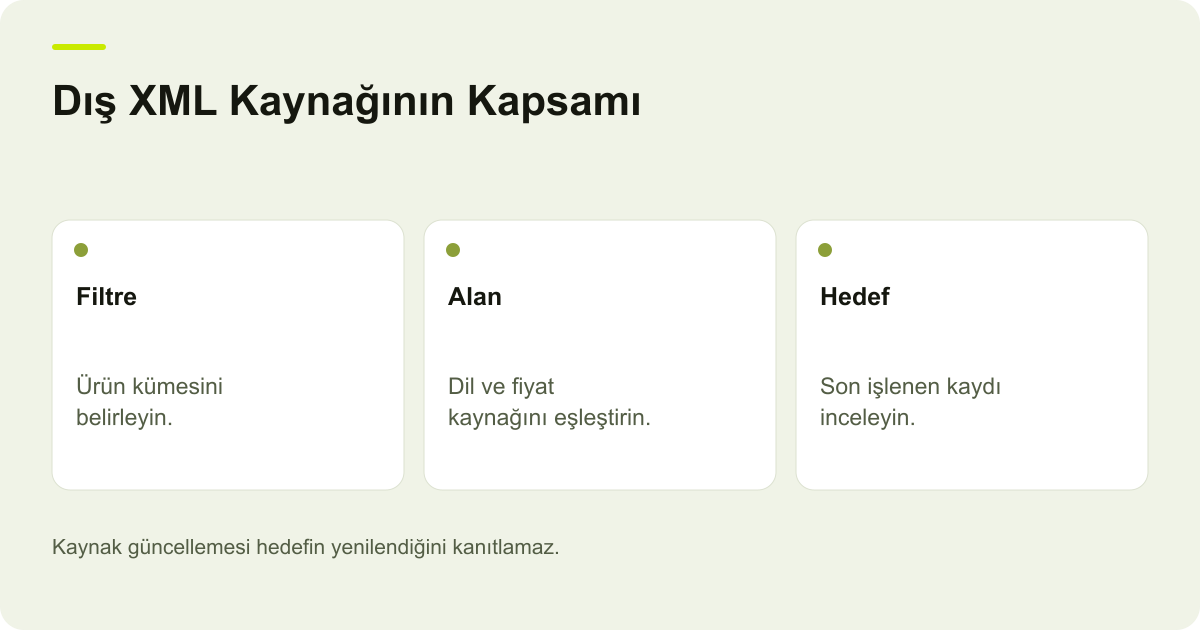 Ticimax Dış XML’de Filtre, Dil ve Fiyat Alanı Kapsamı konusunda kayıt, kapsam ve sonuç ilişkisini açıklayan AdPix şeması.