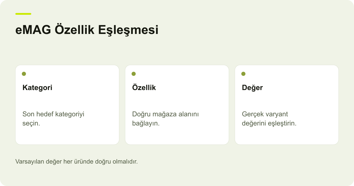 Ticimax eMAG Aktarımında Zorunlu Özellik Eşleşmesi konusunda kayıt, kapsam ve sonuç ilişkisini açıklayan AdPix şeması.