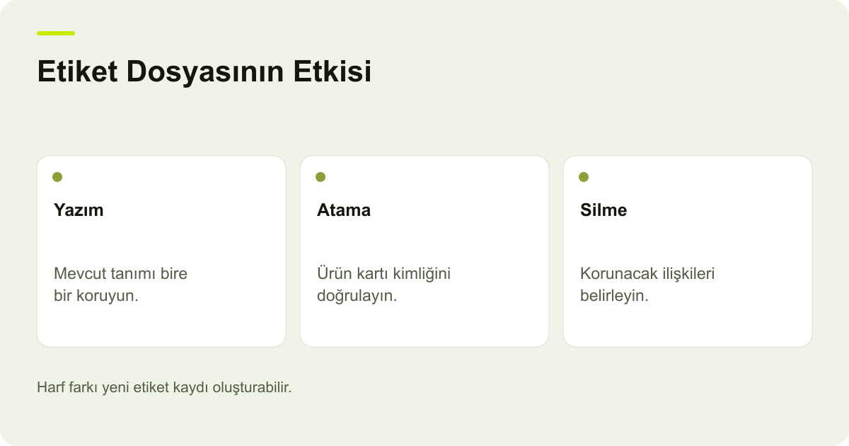 Ticimax Etiket Excelinde Harf Farkı ve Öncekileri Silme konusunda kayıt, kapsam ve sonuç ilişkisini açıklayan AdPix şeması.