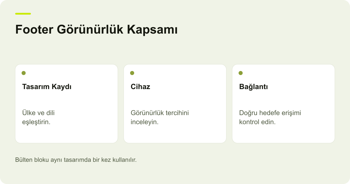 Ticimax Footer Tasarımında Dil, Mobil ve Bülten Alanı konusunda kayıt, kapsam ve sonuç ilişkisini açıklayan AdPix şeması.