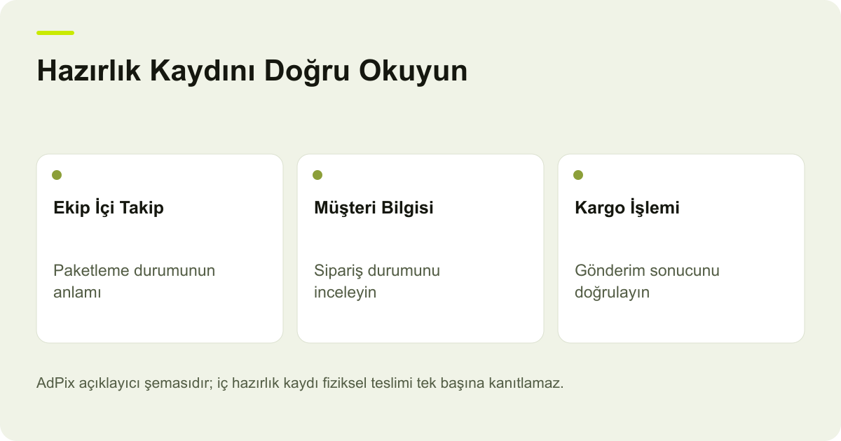 Ticimax ekip içi paketleme kaydı, müşteri sipariş durumu ve kargo işleminin ayrı kontrol edildiğini gösteren AdPix açıklayıcı şeması.