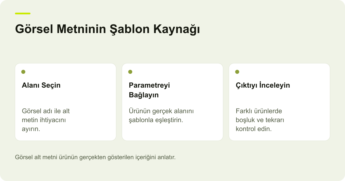 Ticimax Ürün Görselinde Ad ve Alt Metin Şablonu için işlem sırasını ve kontrol alanlarını gösteren açıklayıcı şema.