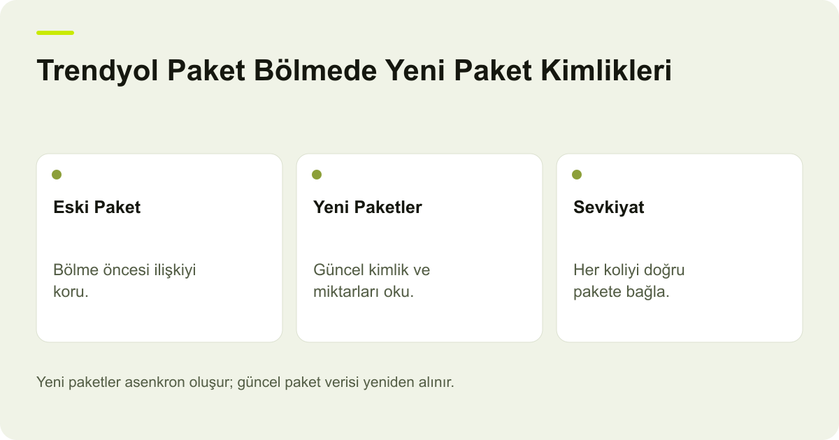 Trendyol Paket Bölmede Yeni Paket Kimlikleri konusunda karar ve kayıt ilişkilerini gösteren açıklayıcı şema.