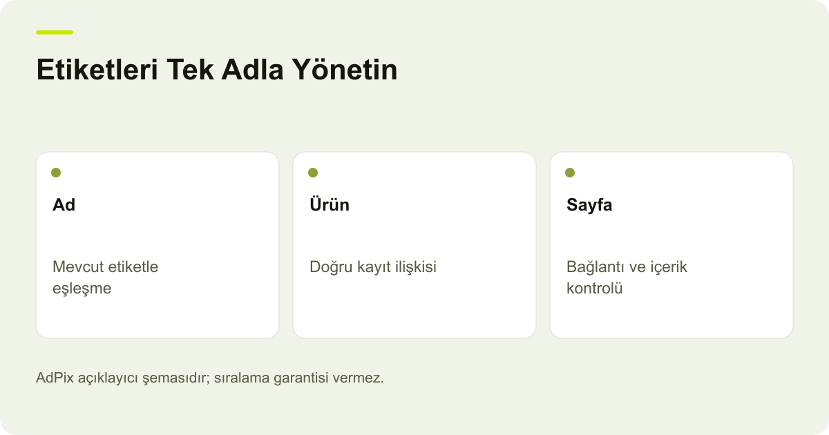 Etiketleri Tek Adla Yönetin: Ad — Mevcut etiketle eşleşme; Ürün — Doğru kayıt ilişkisi; Sayfa — Bağlantı ve içerik kontrolü