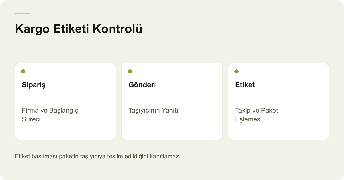 Kargo Etiketi Kontrolü: Sipariş: Firma ve Başlangıç Süreci, Gönderi: Taşıyıcının Yanıtı, Etiket: Takip ve Paket Eşlemesi