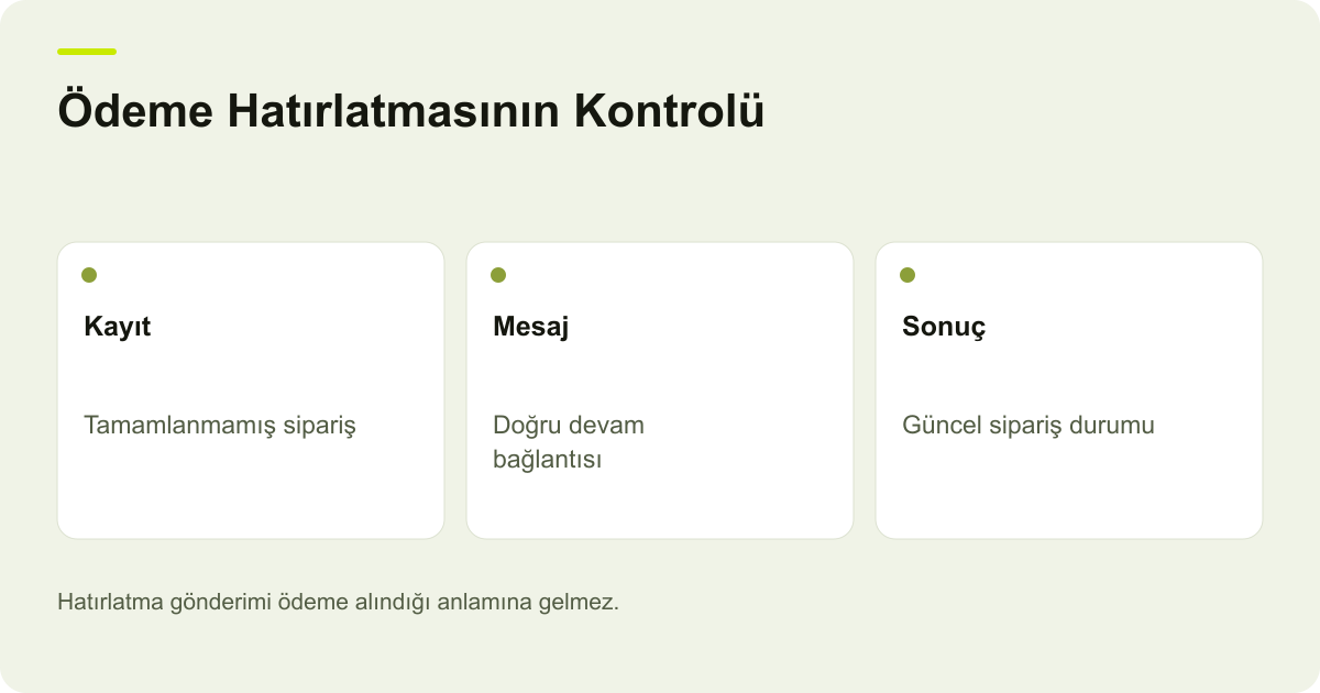 Ödeme Hatırlatmasının Kontrolü: Kayıt: Tamamlanmamış sipariş, Mesaj: Doğru devam bağlantısı, Sonuç: Güncel sipariş durumu