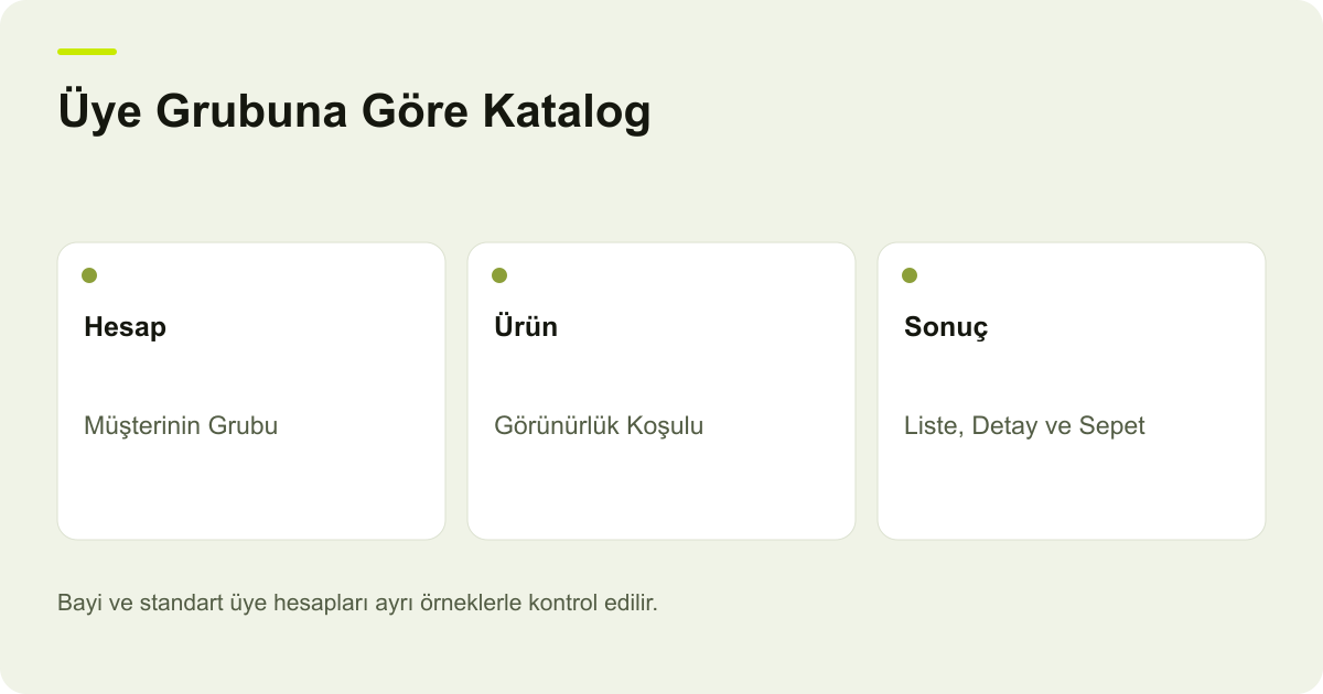 Üye Grubuna Göre Katalog: Hesap: Müşterinin Grubu, Ürün: Görünürlük Koşulu, Sonuç: Liste, Detay ve Sepet