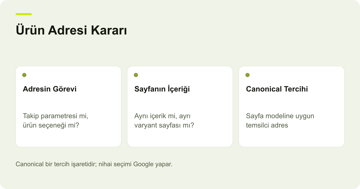 Farklı ürün adreslerinin içerik ve varyant açısından değerlendirilerek uygun canonical tercihine bağlanmasını gösteren şema