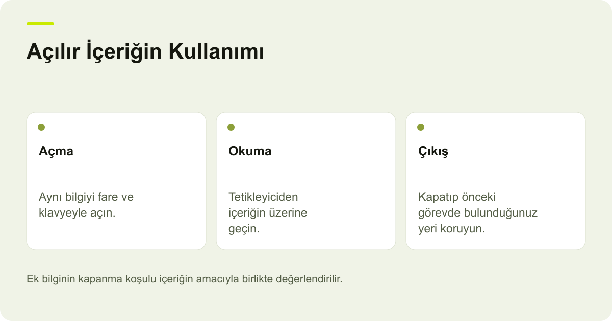 Menü ve Ürün Açıklamalarında Üzerine Gelince Açılan İçerik için işlem sırasını ve kontrol noktalarını açıklayan şema.
