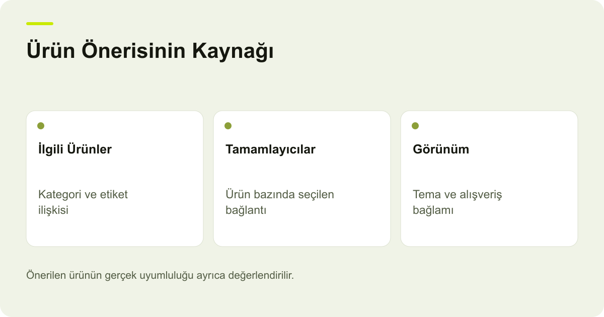 Ürün Önerisinin Kaynağı: İlgili Ürünler: Kategori ve etiket ilişkisi, Tamamlayıcılar: Ürün bazında seçilen bağlantı, Görünüm: Tema ve alışveriş bağlamı