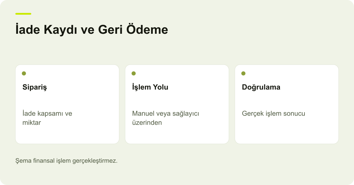 İade Kaydı ve Geri Ödeme: Sipariş: İade kapsamı ve miktar, İşlem Yolu: Manuel veya sağlayıcı üzerinden, Doğrulama: Gerçek işlem sonucu