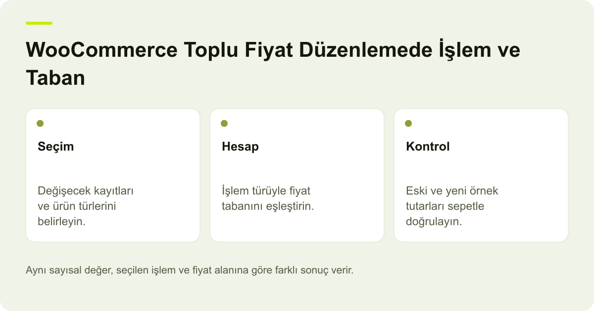 WooCommerce Toplu Fiyat Düzenlemede İşlem ve Taban için kapsamı ve doğrulanacak kayıtları gösteren özgün açıklayıcı şema.