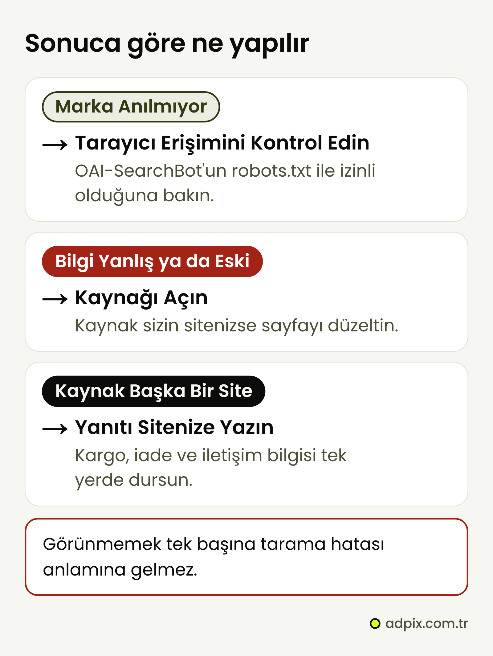 Marka anılmıyorsa OAI-SearchBot erişimi robots.txt ile kontrol edilir; bilgi yanlış ya da eskiyse kaynak açılır, kaynak sizin sitenizse sayfa düzeltilir; kaynak başka bir siteyse sorunun açık yanıtı kendi sitenize yazılır. Görünmemek tek başına tarama hatası anlamına gelmez.