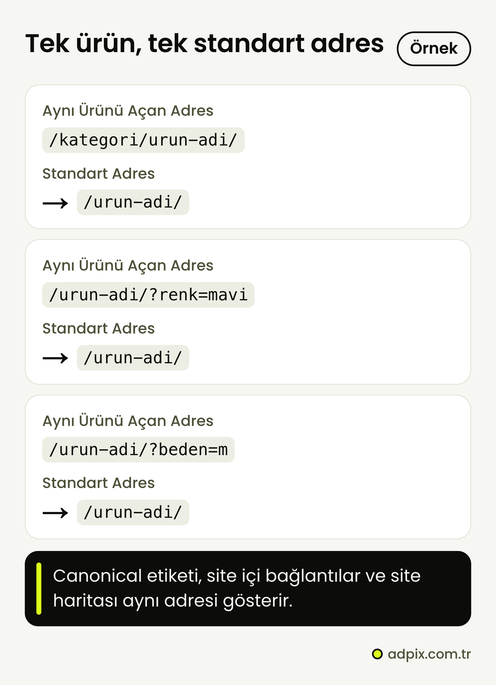 Aynı ürünü açan kategori yolu, renk parametreli ve beden parametreli adreslerin parametresiz standart ürün adresine bağlanması. Canonical etiketi, site içi bağlantılar ve site haritası aynı adresi göstermelidir.