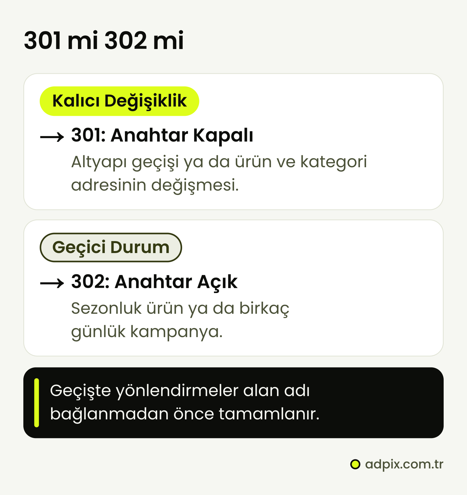 ikas yönlendirme formunda 301 ve 302 seçimi: kalıcı adres değişikliğinde ve altyapı geçişinde 302 anahtarı kapalı kalır ve kayıt 301 olur; sezonluk ürün ya da birkaç günlük kampanya gibi geçici durumlarda anahtar açılır ve kayıt 302 olur. Geçişte yönlendirmeler alan adı bağlanmadan önce tamamlanır.