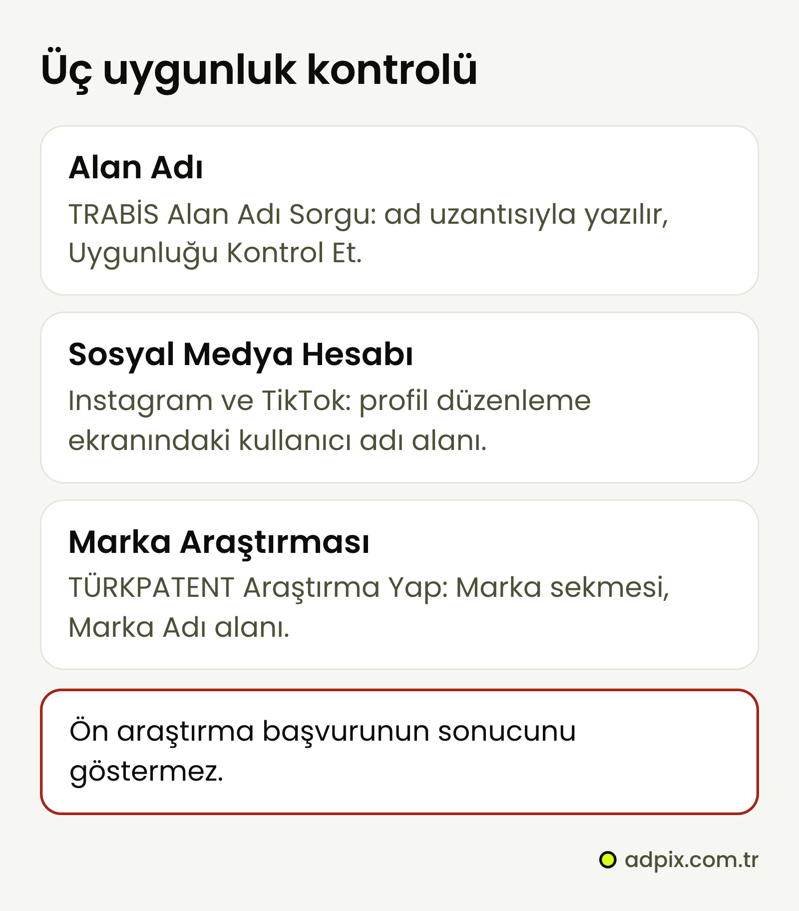 Mağaza adının üç uygunluk kontrolü: .tr alan adı TRABİS Alan Adı Sorgu sayfasında uzantısıyla yazılarak, kullanıcı adı Instagram ve TikTok profil düzenleme ekranında, marka TÜRKPATENT ana sayfasındaki Araştırma Yap bölümünün Marka sekmesinde aranır.