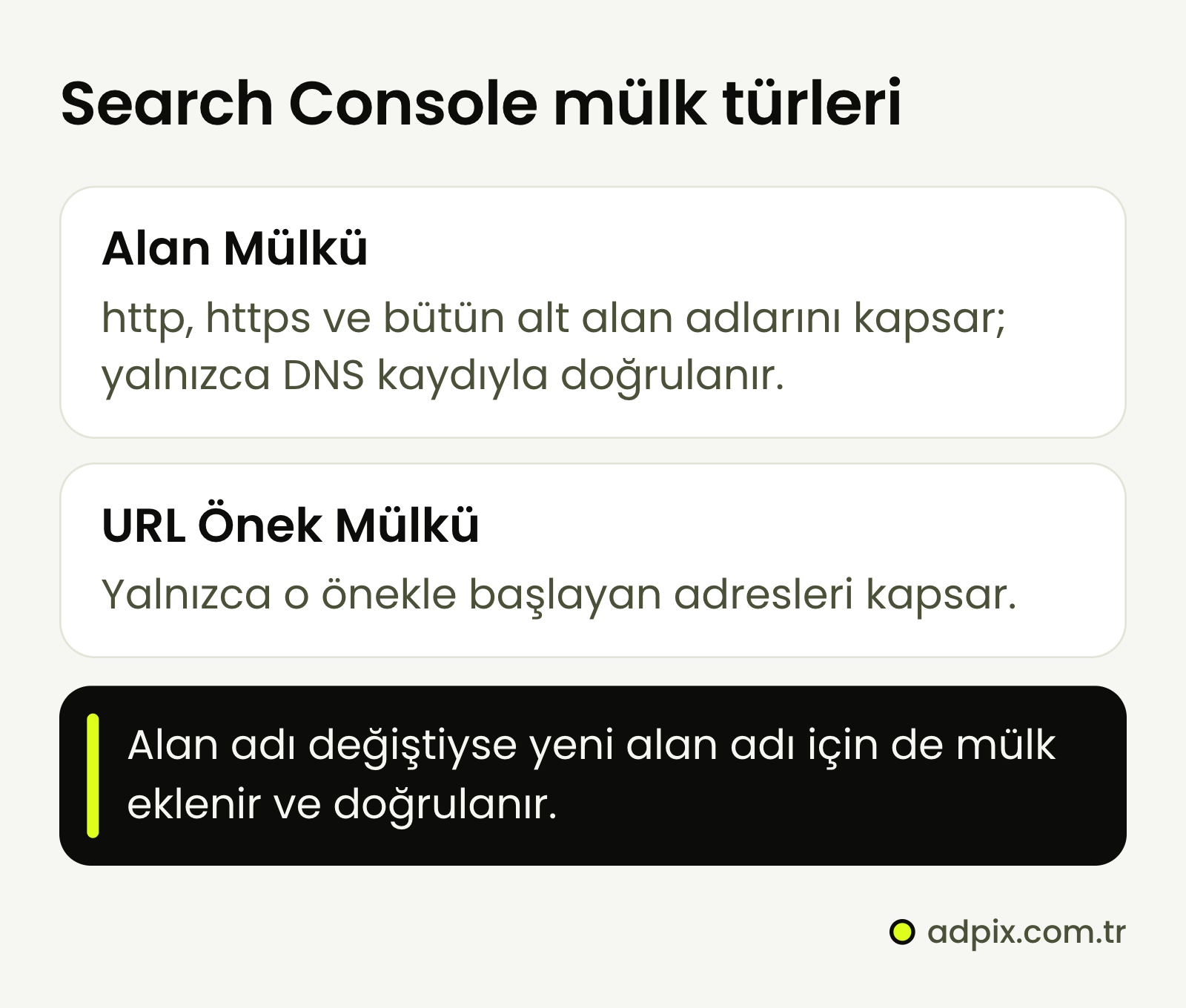 Search Console'da iki mülk türü: alan mülkü http, https ve bütün alt alan adlarını kapsar ve yalnızca DNS kaydıyla doğrulanır; URL önek mülkü yalnızca o önekle başlayan adresleri kapsar. Alan adı değiştiyse yeni alan adı için de mülk eklenip doğrulanır.
