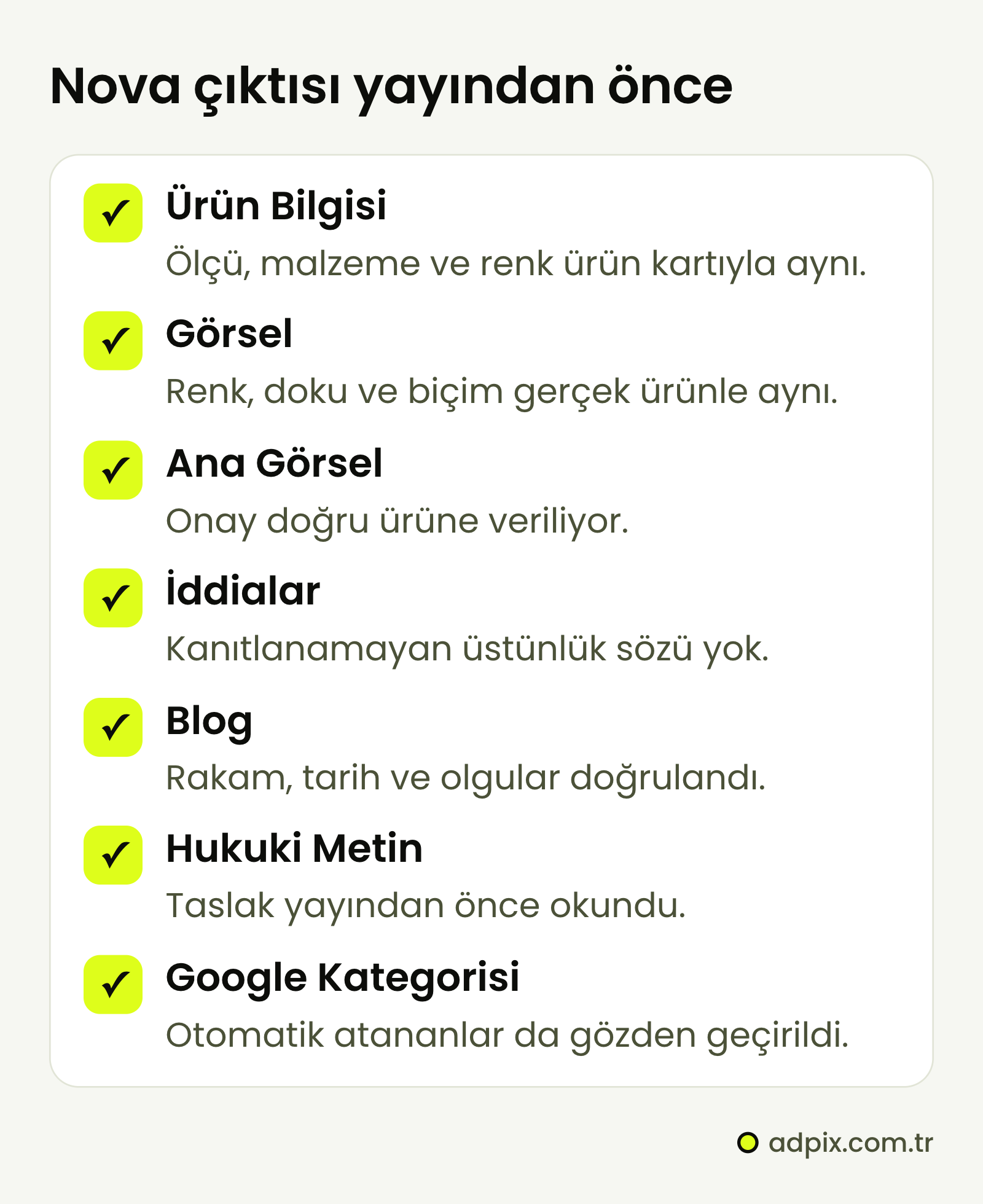 Nova çıktısında yayından önce yedi kontrol: ölçü, malzeme ve renk ürün kartıyla aynı; görsel gerçek ürünü doğru gösteriyor; ana görsel onayı doğru ürüne veriliyor; kanıtlanamayan üstünlük sözü yok; blogdaki rakam ve olgular doğrulandı; hukuki taslak okundu; Google kategorileri gözden geçirildi.