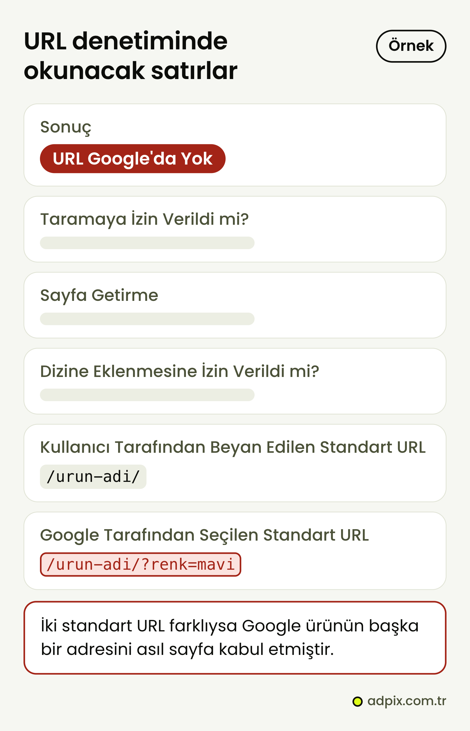 URL Denetleme Aracı sonucunun şematik örnek görünümü: tarama izni, sayfa getirme ve dizine ekleme izni satırları ile kullanıcının beyan ettiği ve Google'ın seçtiği standart URL. İki standart URL farklıysa Google ürünün başka bir adresini asıl sayfa saymıştır.