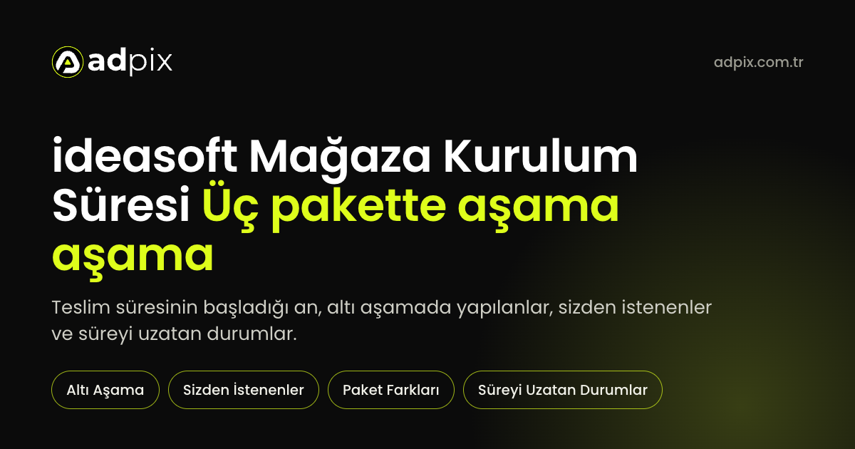 ideasoft mağaza kurulum süresini, altı aşamada yapılan işleri, sizden istenenleri ve süreyi uzatan durumları anlatan AdPix kapak görseli