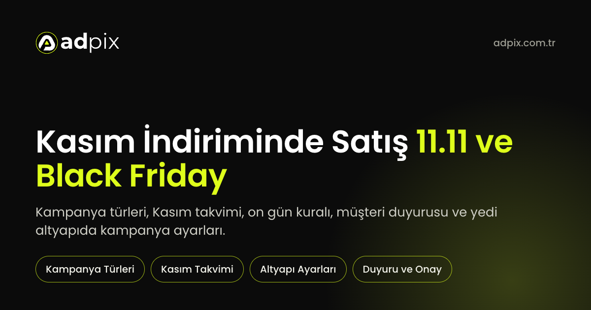 Kasım İndiriminde Satış başlığını, 11.11 ve Black Friday vurgusunu ve Kampanya Türleri, Kasım Takvimi, Altyapı Ayarları, Duyuru ve Onay etiketlerini taşıyan AdPix kapak görseli