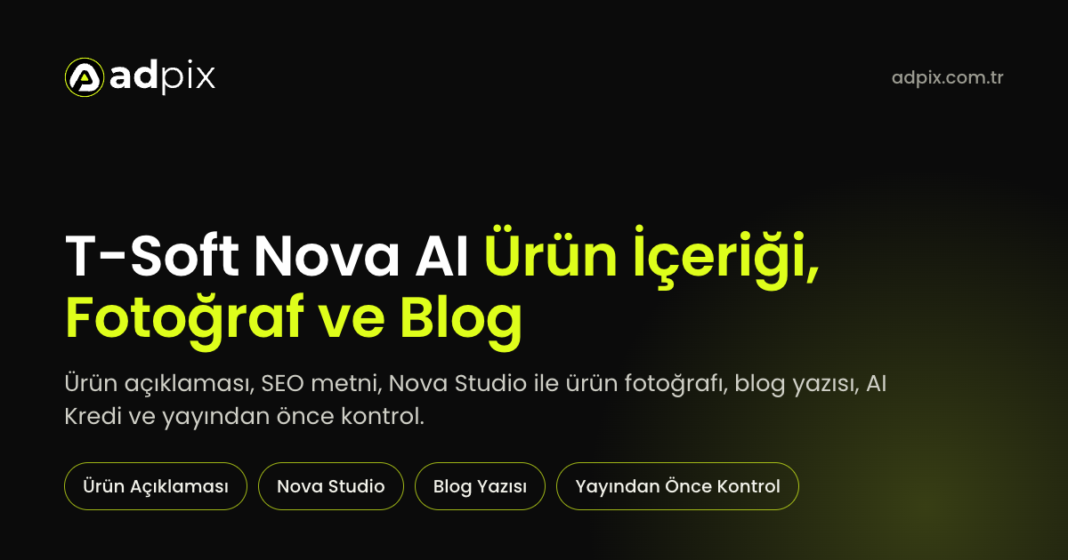 T-Soft Nova AI başlığıyla ürün açıklaması, Nova Studio ile ürün fotoğrafı, blog yazısı ve yayından önce kontrol konularını anlatan AdPix kapak görseli
