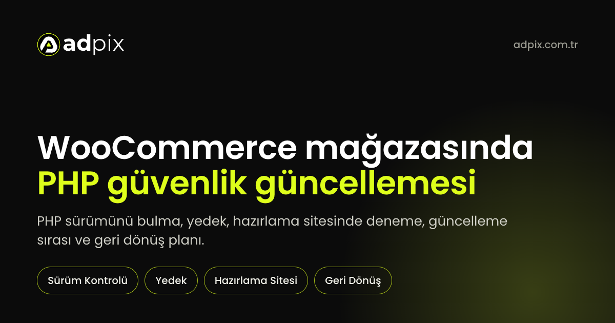 WooCommerce mağazasında PHP güvenlik güncellemesi başlığıyla sürüm kontrolünü, yedeği, hazırlama sitesini ve geri dönüş planını anlatan AdPix kapak görseli