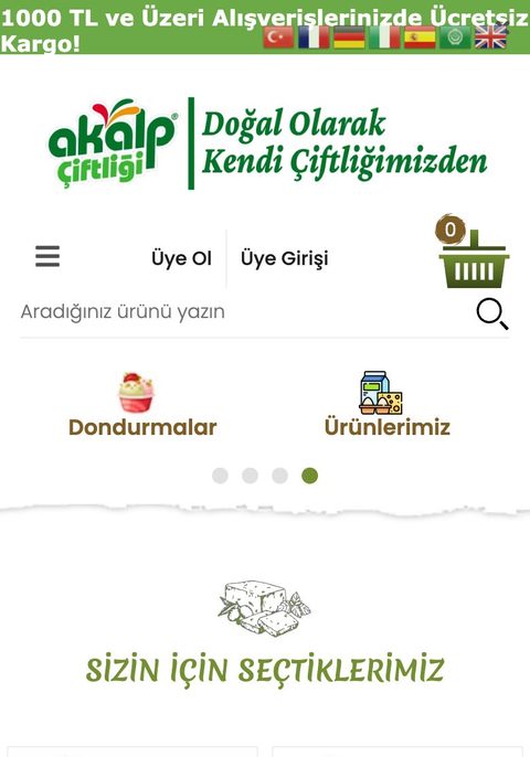 Akalp Çiftliği e-ticaret sitesinin telefondaki ana sayfa görünümü