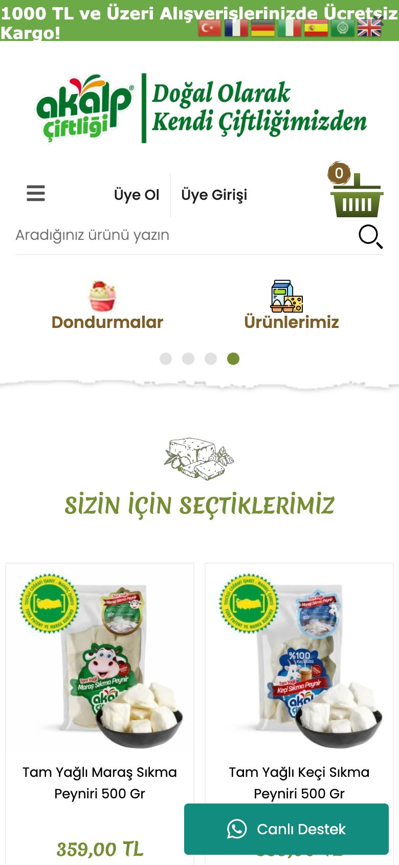 Akalp Çiftliği web sitesinin telefondaki görünümü