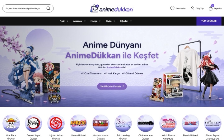 AnimeDükkan web sitesinin ana sayfa görünümü