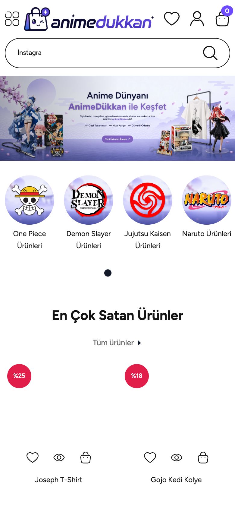 AnimeDükkan web sitesinin telefondaki görünümü