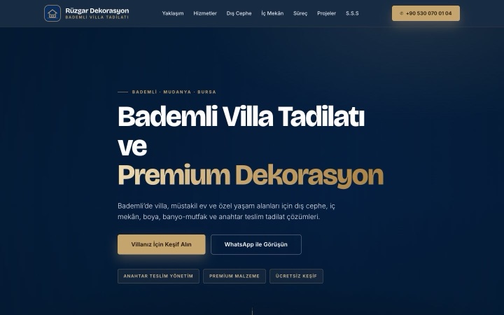 Bademli Villa Tadilatı web sitesinin ana sayfa görünümü