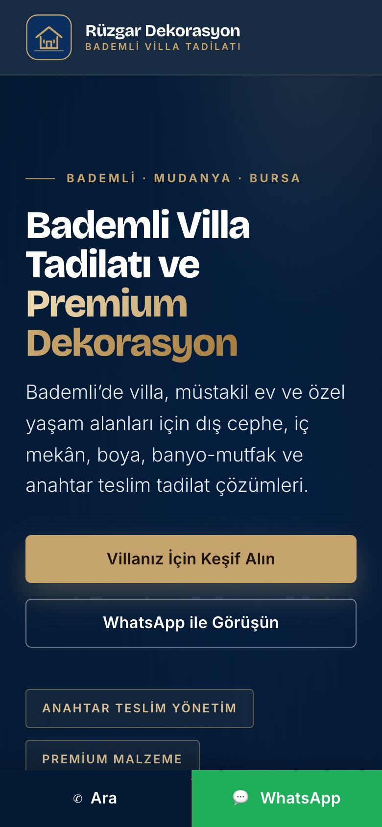 Bademli Villa Tadilatı web sitesinin telefondaki görünümü