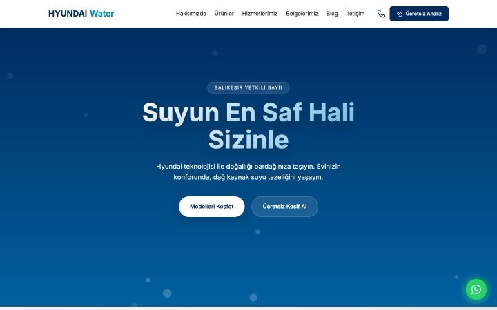 Balıkesir Hyundai Su Arıtma web sitesinin ana sayfa görünümü