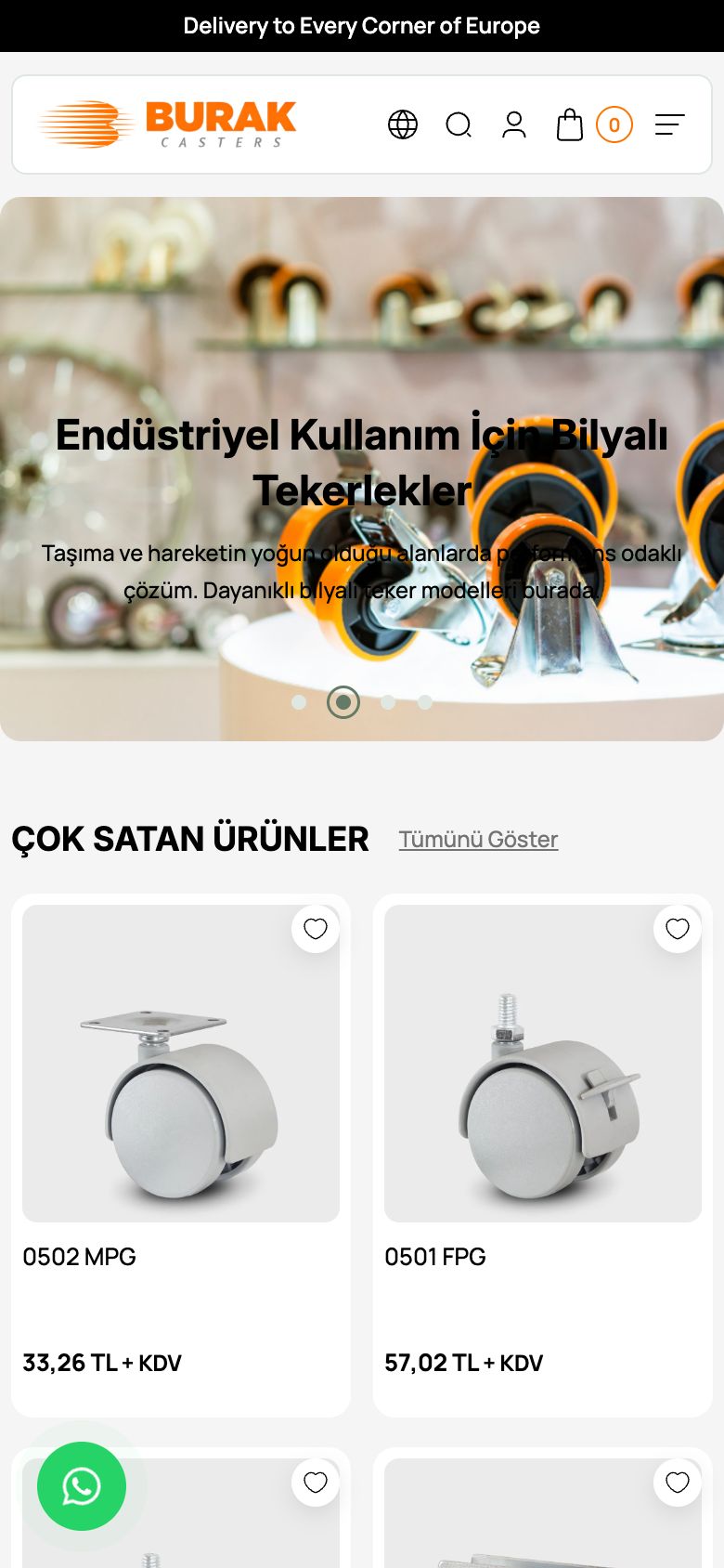 Burak Casters web sitesinin telefondaki görünümü
