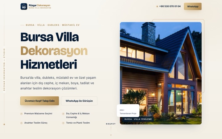 Bursa Villa Dekorasyon web sitesinin ana sayfa görünümü