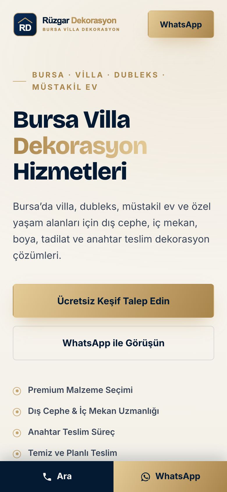 Bursa Villa Dekorasyon web sitesinin telefondaki görünümü