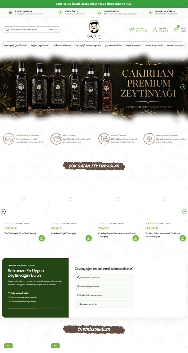 Çakırhan Zeytin web sitesinin ana sayfa görünümü