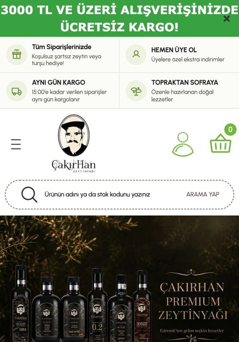Çakırhan Zeytin e-ticaret sitesinin telefon görünümü